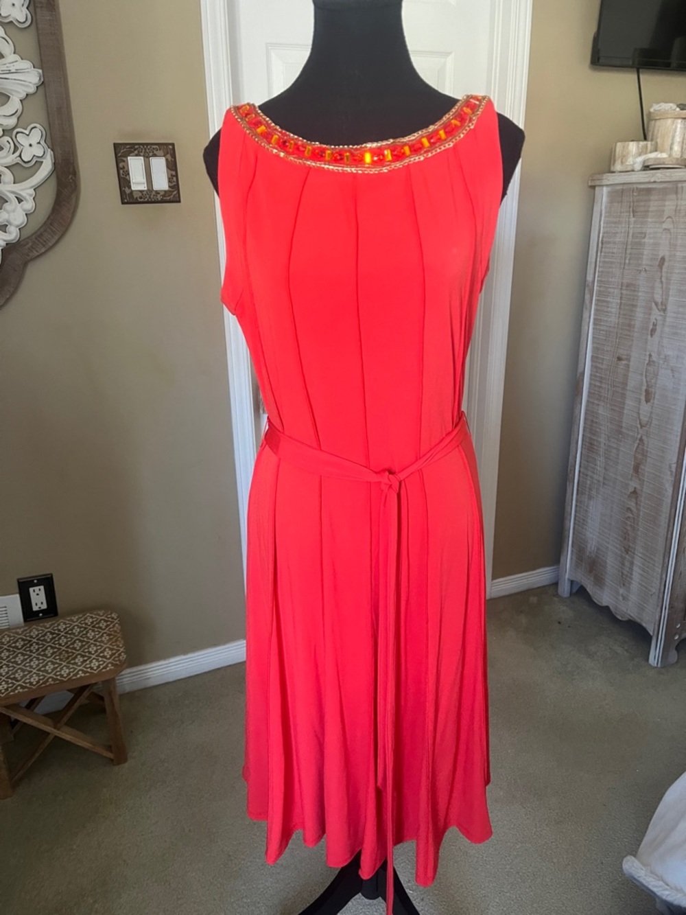 Source Unknown Coral Beaded-Neck Midi Dress
